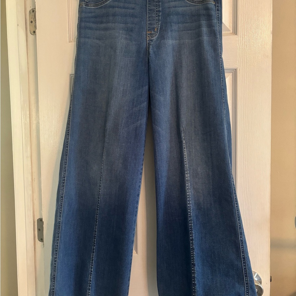 SPANX Denim WIDE Leg Front Seamed Jeans Vintage Indigo Women's Size XL Pull On